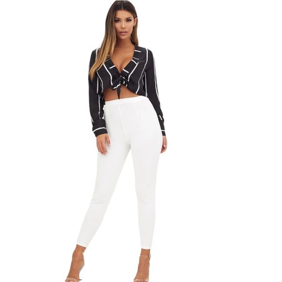 PrettyLittleThings Nwt Black Tie Front Stripe Cropped Blouse Size 2 - Picture 1 of 7